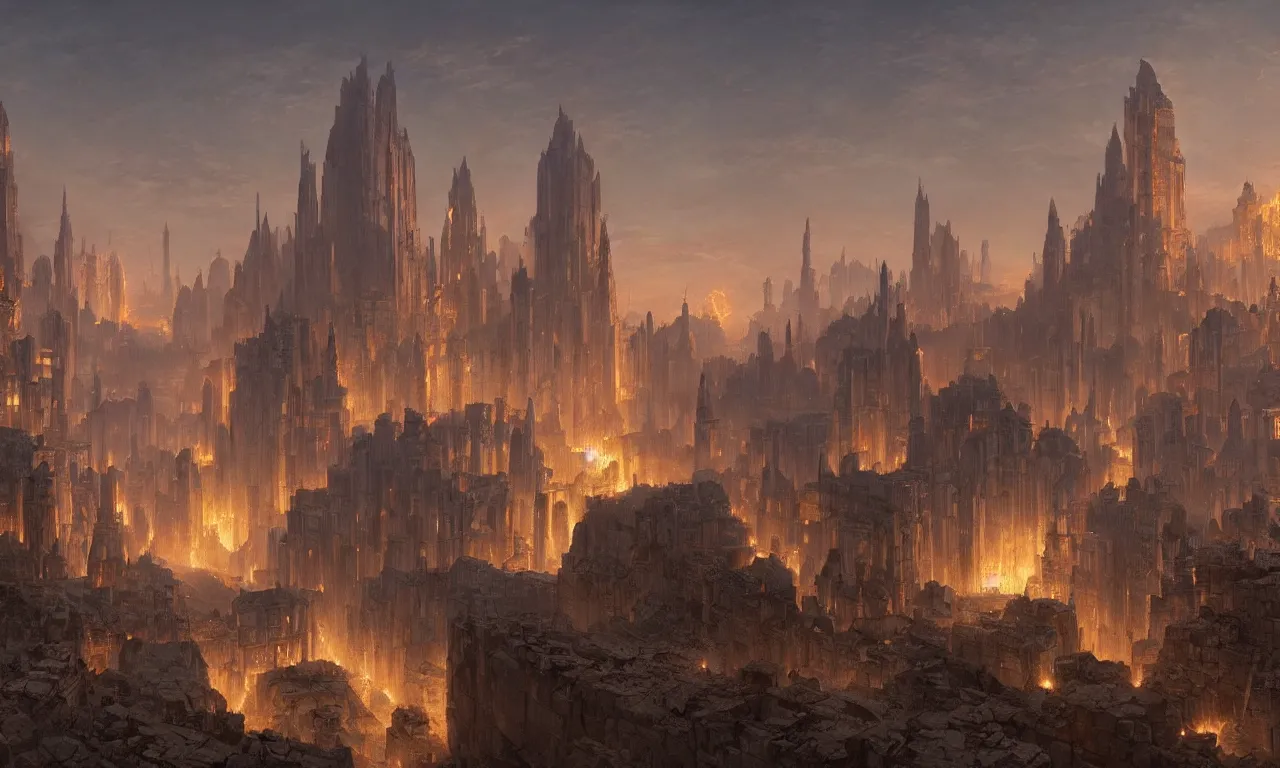 Image similar to glistering embers in the ashen remains of the capital city, artwork by Raphael Lacoste and Ted Nasmith, 8k resolution, trending on art station