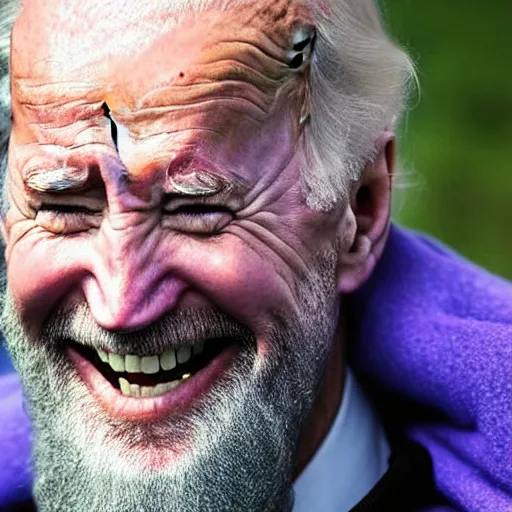 Image similar to joe biden as an old druid wizard, bushy grey eyebrows, long grey beard, disheveled, wise old man, wearing a grey wizard hat, wearing a purple detailed coat, a bushy grey beard, sorcerer, he is a mad old man, laughing and yelling