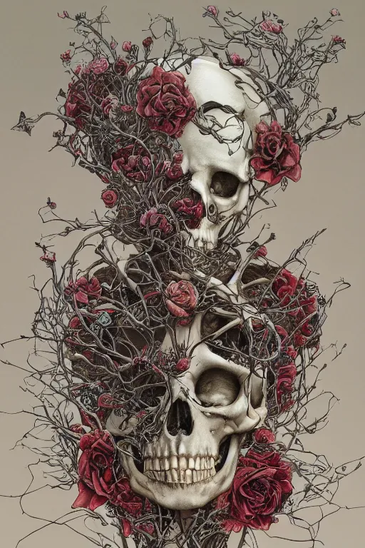 Prompt: roses growing from the skeleton frame, carol, by damien hirst and alexander mcqueen and peter gric and takato yamamoto and zdzisław beksinski and laurie lipton and victo ngai and esao andrews, trending on artstation