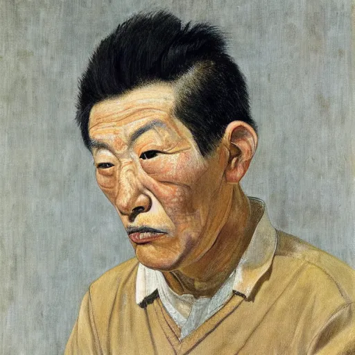Image similar to detailed portrait of an asian american man in his 3 0 s, by lucian freud, francis bacon, grant wood