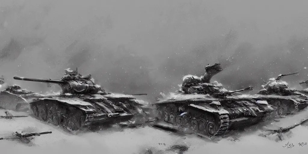 Prompt: World War 2 scene in winter, german and soviet soldiers, german and soviet tanks firing, some tanks destroyed, explosions, blizzard, brutal, dark, concept art, jakub rozalski