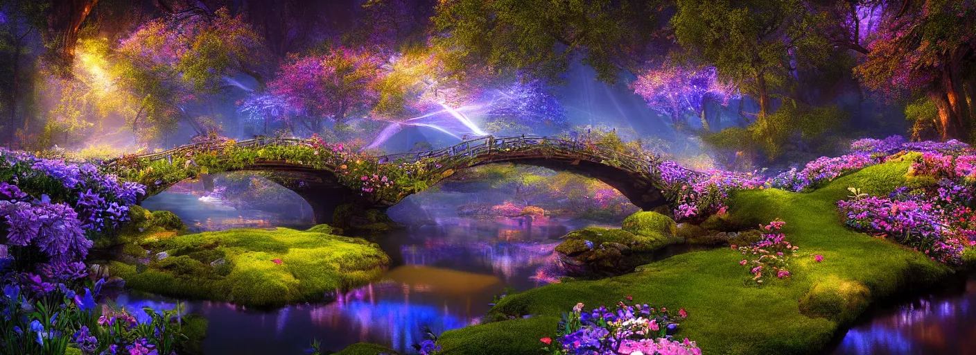 Image similar to photograph of enchanted garden, blue river in the middle, glowing bridge, with rays of light, flowers with intricate detail, by marc adamus, highly detailed, intricate detail, cinematic lighting