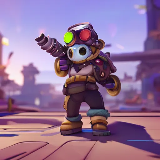 Image similar to teemo is the newest overwatch character, kings row in the background, octane render, blender render, unreal engine, standing pose, cinematic lighting, symmetrical, never underestimate the power of the scouts code