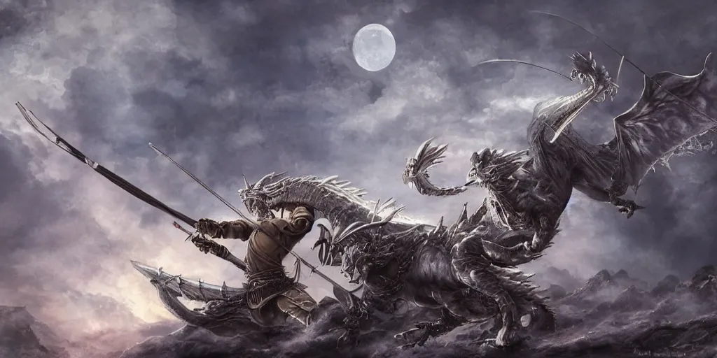 Image similar to korean archer fighting a dragon. the moon is in the sky. there is a river between the dragon and the archer. dark fantasy. high resolution. detailed. digital art. dark fantasy. kentaro miura.