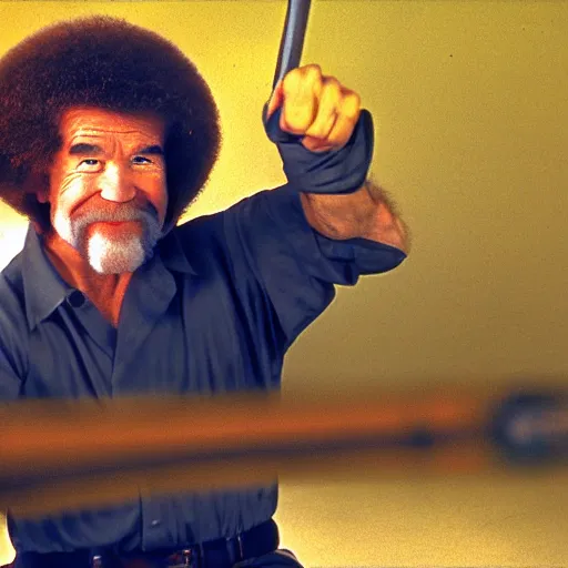 Image similar to Bob Ross fighting with nunchucks, photography