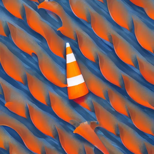 Image similar to orange and white striped traffic cone with 5 rows of shark teeth breaking through the cracks, ocean background detailed atmospheric - ron cheng & alphonse mucha, highly detailed, digital painting, ray tracing, concept art, illustration, smooth sharp focus, intricate, symmetry, artstation,