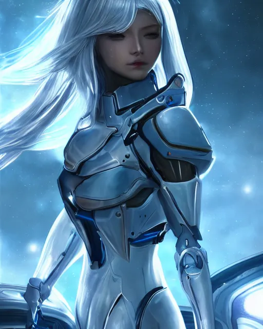 Image similar to perfect android girl on a mothership, warframe armor, beautiful face, scifi, futuristic, galaxy, nebula, bae suzy, dreamy, long white hair!!!, blue cyborg eyes, sharp focus, cinematic lighting, highly detailed, artstation, divine, by gauthier leblanc, kazuya takahashi, huifeng huang