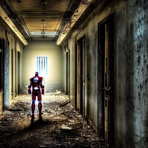 Prompt: ironman in a dark hallway of an abandoned asylum, 4 k, high detail, high - resolution photograph, professional photography, ultra - detail