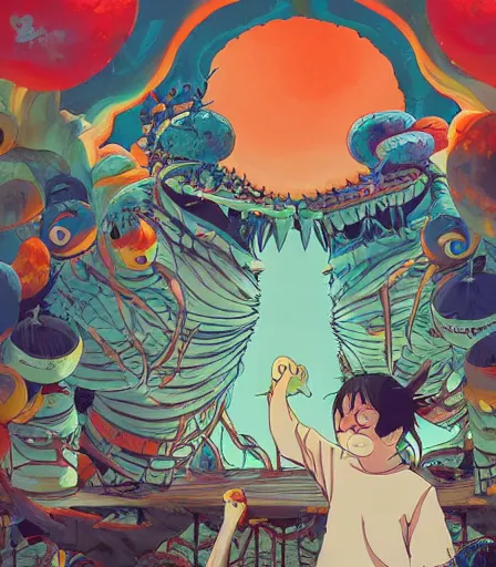 Image similar to Tim Burtons style Studio Ghibli by Alex Pardee and Nekro and Petros Afshar, and James McDermott,unstirred paint, vivid color, cgsociety 4K