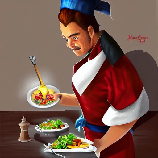 Image similar to dragon in chef's attire, digital painting