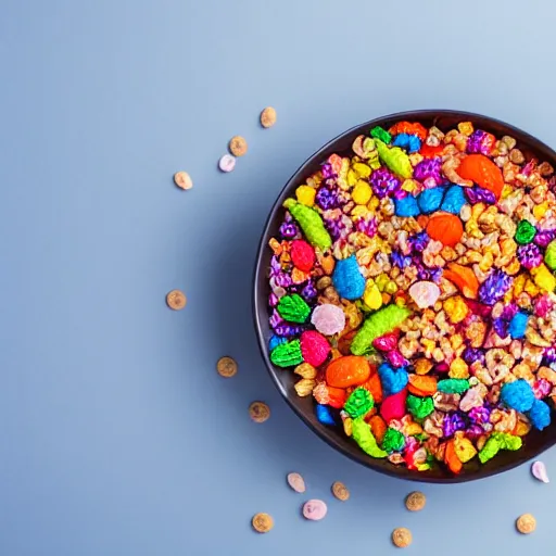 Image similar to a bowl of colorfull cereal falling off a table, studio lighting, food photography