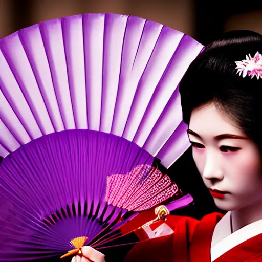 Image similar to Japanese geisha with beautiful violet paper fan, 4k photography, 30 mm lens, cinematic light, warm atmosphere, in style of Kar Wai Wong, cigarette smoke trail