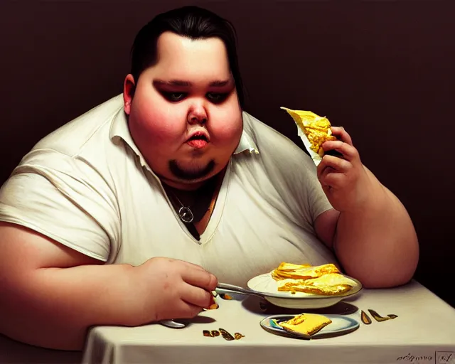 Prompt: photography of extremely fat overweight obese!!! johnny depp eating butter, deep focus, intricate, elegant, highly detailed, digital painting, artstation, concept art, matte, sharp focus, illustration, art by artgerm and greg rutkowski and alphonse mucha
