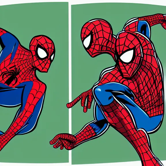 Prompt: two spiderman poiting at each other, cartoon, high resolution, surprise, drawing