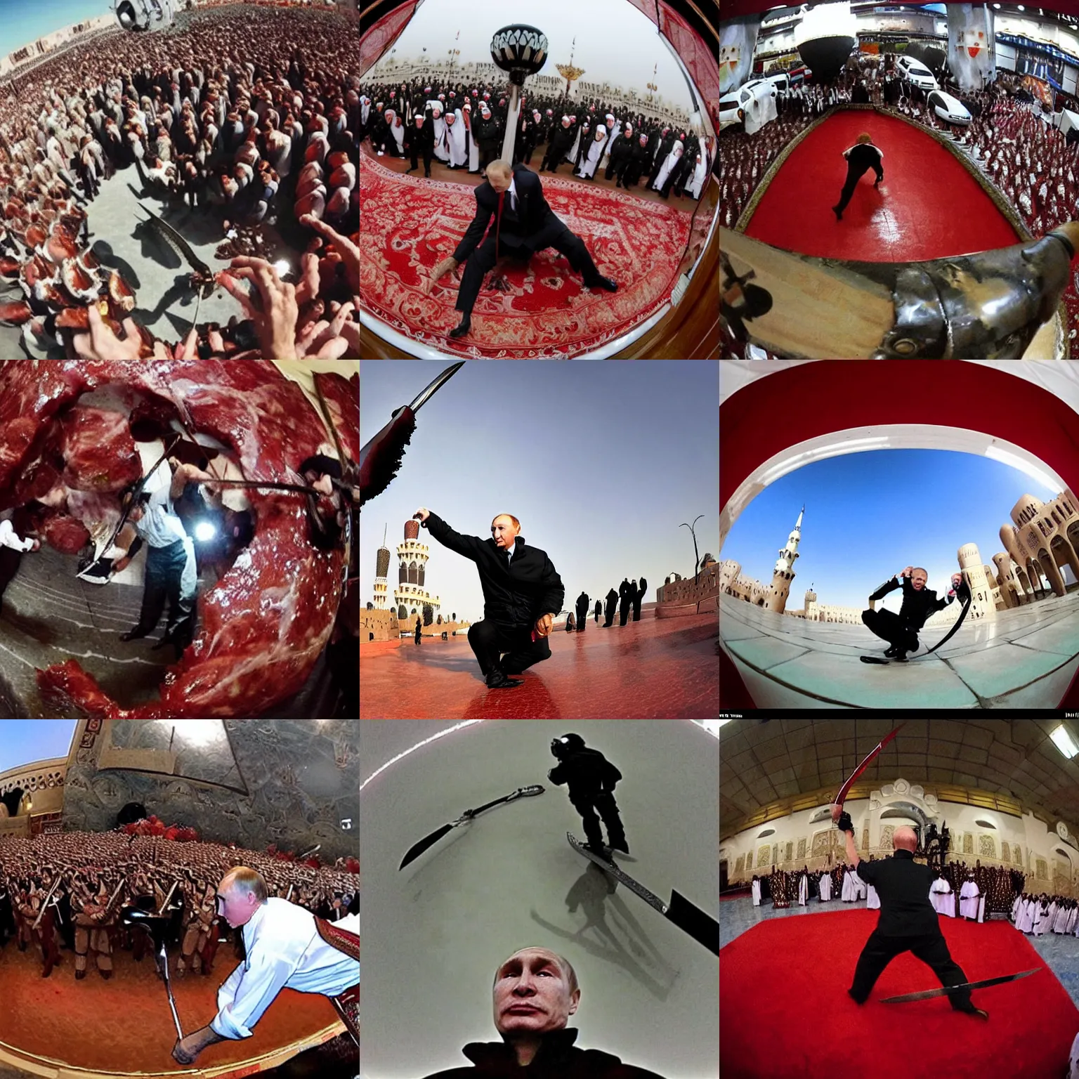 Prompt: fisheye lens photo of putin getting mangled by a large sword in saudi arabia, blood and bone, red meat shreds