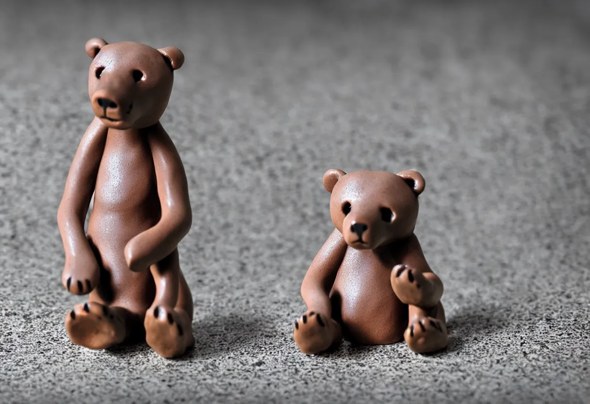 Image similar to clay bear figurine on marble table, highly detailed photo, hyper realism, low depth of field