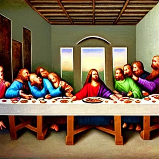 Image similar to the last supper but everyone is eating pizza
