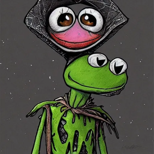 Image similar to michael karcz punk grunge cartoon drawing of kermit the frog. , in the style of corpse bride, loony toons style, horror themed, detailed, elegant, intricate