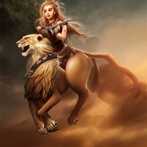 Image similar to a girl riding a lion, trending on artstation