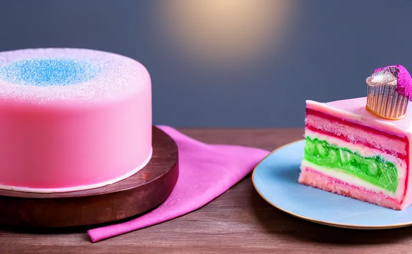 Image similar to A photo of a swedish princess cake from the side on a wooden table, covered with pink marzipan, some powder sugar and a blue marzipan leaf in the center. Sunset. 4K. Cinematic lighting. High detail. Realistic. Delicious.