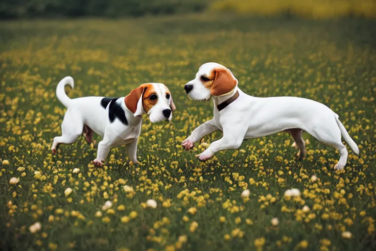 Image similar to white and brown beagle dog playing a flowery field by Hsiao-Ron Cheng