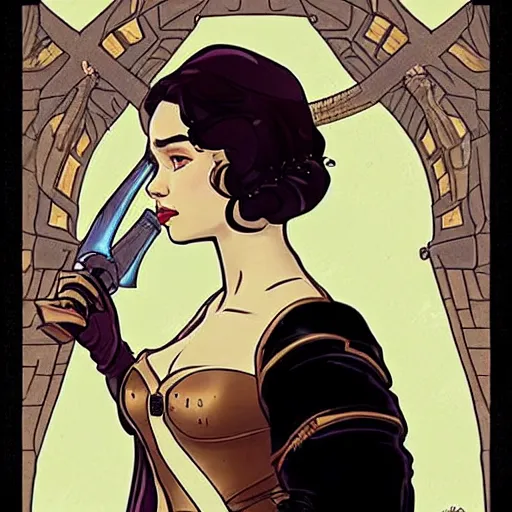 Image similar to emilia clarke as qi'ra, mucha style,