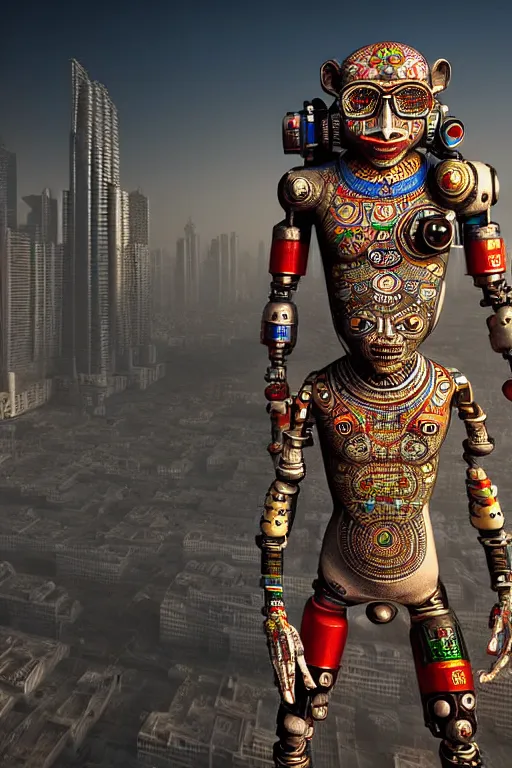 Image similar to high quality 3 d render happy cyborg! man monkey hybrid madhubani, highly detailed, cyberpunk!! mumbai in the background, unreal engine cinematic smooth, szukalski ravi varma, moody light, low angle, uhd 8 k, sharp focus