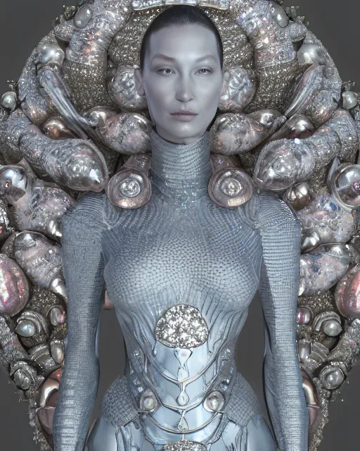 Image similar to a highly detailed metahuman 4 k close up render of an alien goddess bella hadid monument in iris van herpen armor schiaparelli in diamonds crystals swarovski and jewelry iridescent in style of alphonse mucha gustav klimt trending on artstation made in unreal engine 4