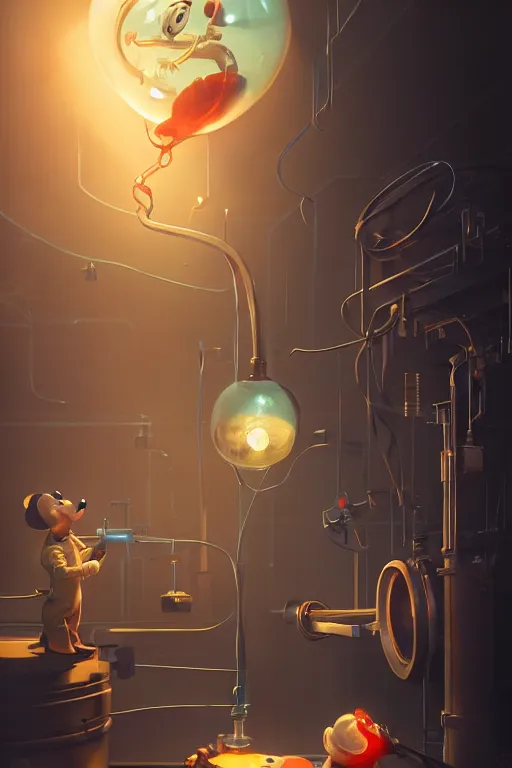 Image similar to mechanics scientist in lab facility looking at bloody mickey mouse head lifted by claw,, made by beeple, cgsociety, artgerm, greg rutkowski, highly detailed intricate 4 k art, low light cinematic, octane render, unreal engine, smooth concept art