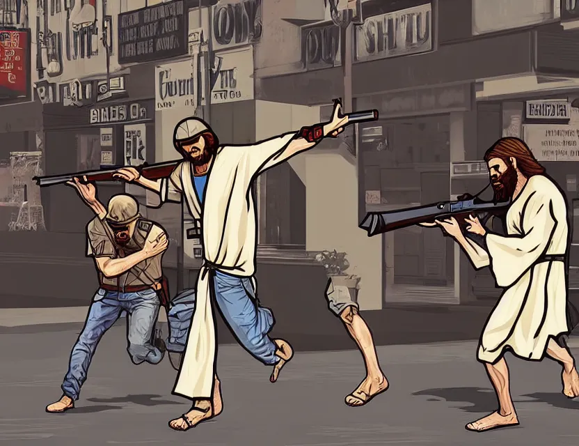 Prompt: illustration of jesus in robes aiming down the barrel of a shotgun in dimes square new york city in the style of gta v artwork, stephen bliss, highly detailed