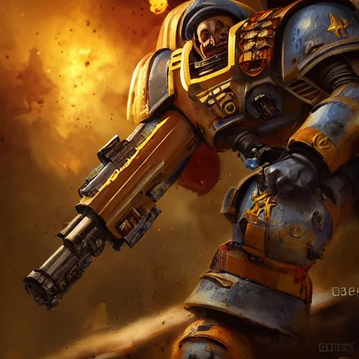 Image similar to A Space Marine from Warhammer 40k shooting a foe with his bolter from up close, by Cedric Peyravernay, highly detailed, excellent composition, cinematic concept art, dramatic lighting, trending on ArtStation