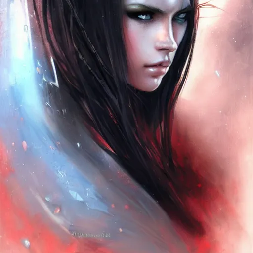Image similar to fantasy woman, long black hair, red armor, blue eyes, highly detailed, perfect facial detail, beautiful, elegant, sharp focus, depth of field, ambient occlusion, high fantasy, style of artgerm, rutkowski, giacometti,