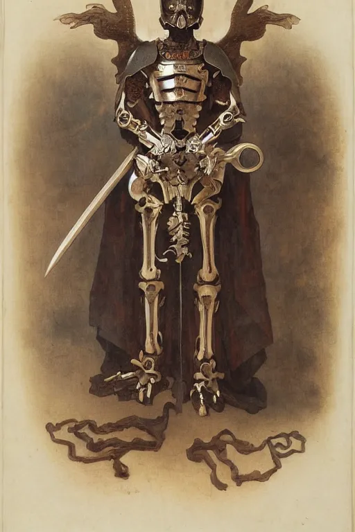 Image similar to portrait of a skeleton with chinese dragon in armor and helmet, majestic, solemn, big sword, wearing helmets and armor with wings, symmetrical, solemn, sacred, aura, by bouguereau