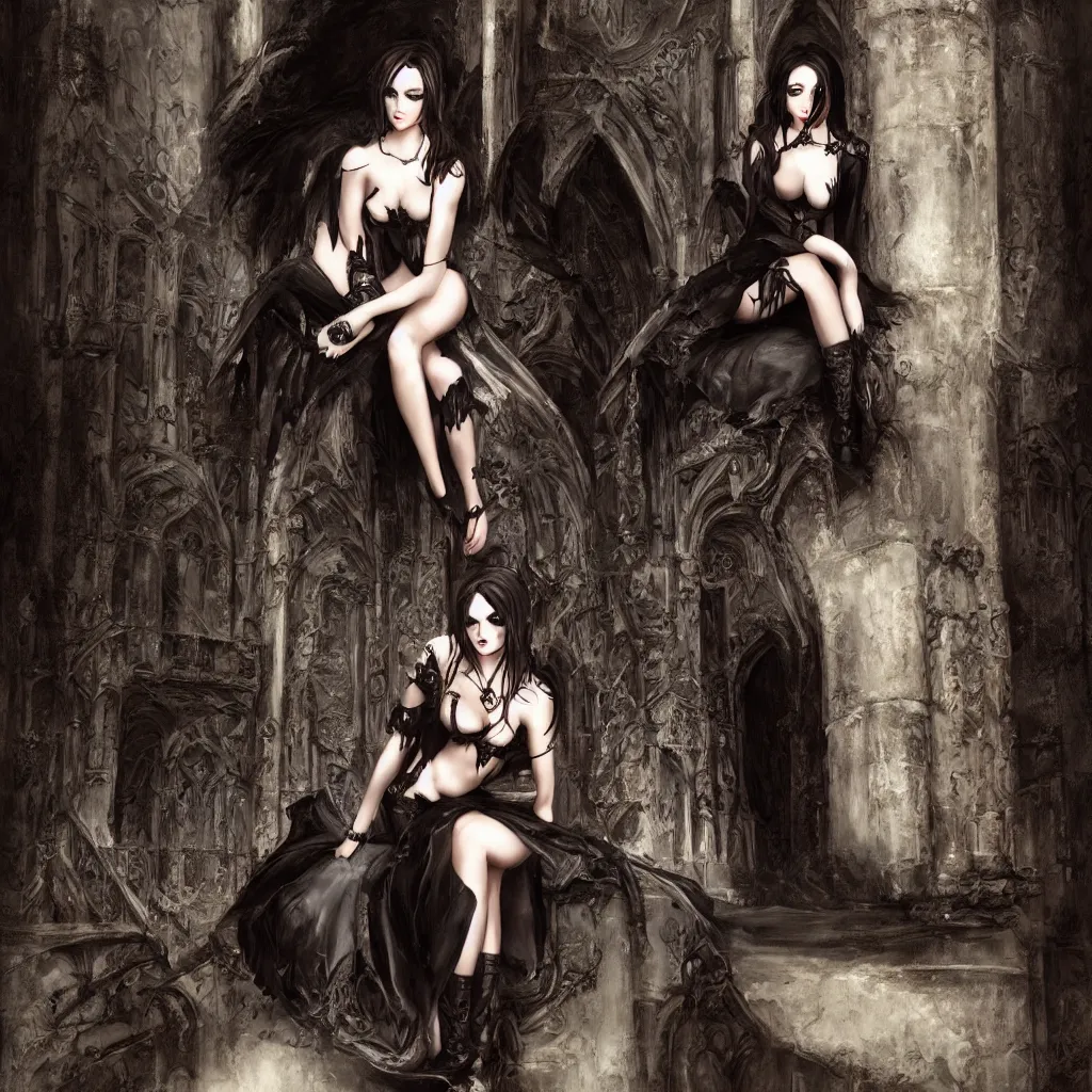 Image similar to gothic high vampire lady sitting in a gothic castle art, realistic, artstation, portrait, photorealism, high fantasy, 4k