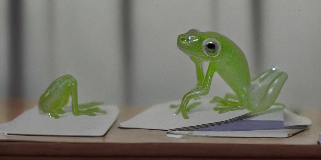 prompthunt: Cute glass frog on a student's table in front of a window.  Evening, soft light. 8k. High detail. Calm