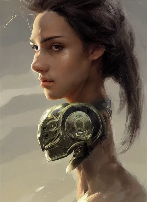 Image similar to a professional painting of a beautiful young female, clothed in military armor, olive skin, long dark hair, beautiful bone structure, symmetrical facial features, intricate, elegant, digital painting, concept art, smooth, sharp focus, illustration, from Metal Gear, by Ruan Jia and Mandy Jurgens and Artgerm and William-Adolphe Bouguerea