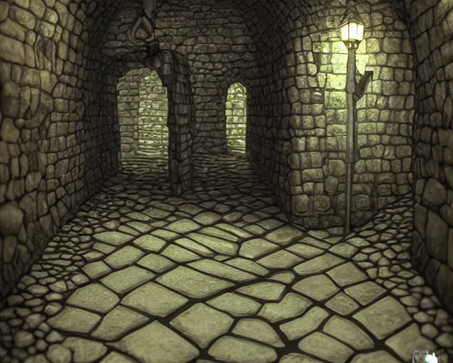 Image similar to DND dungeon hallway, walls are made of overgrown cobblestone, 8k, very detailed