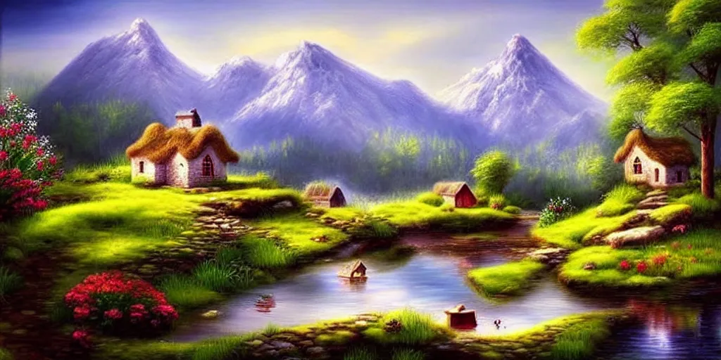 Image similar to a beautiful fantasy landscape, mountain in background, little cottage, small pond, some trees in the corner. hyper realism