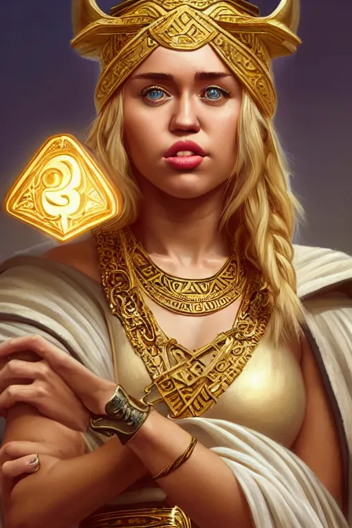 Image similar to miley cyrus as greek goddess athena, closeup, d & d, fantasy, intricate, elegant, highly detailed, digital painting, artstation, concept art, matte, sharp focus, illustration, hearthstone, art by artgerm and greg rutkowski and alphonse mucha