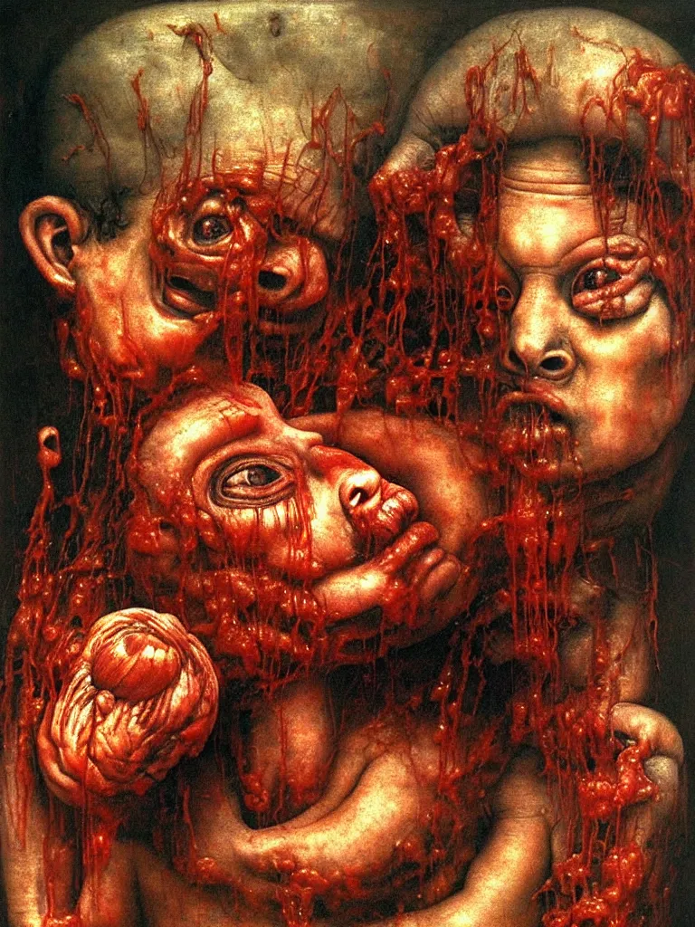 Prompt: a boy like eraserhead and elephant man sitting in a tub full of tomato sauce, looking straight into camera, screaming in desperation, by giuseppe arcimboldo and ambrosius benson, renaissance, fruit, fractal elements in play, intricate and intense oil paint, a touch of beksinski and hr giger and edward munch, realistic