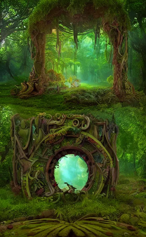 Prompt: the portal in the forest in the style of Roger Dean and beeple, 35mm, photo realistic, epic, cinematic