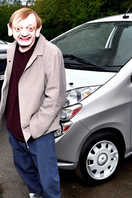 Prompt: Mark E Smith laughing at a Toyota Yaris car