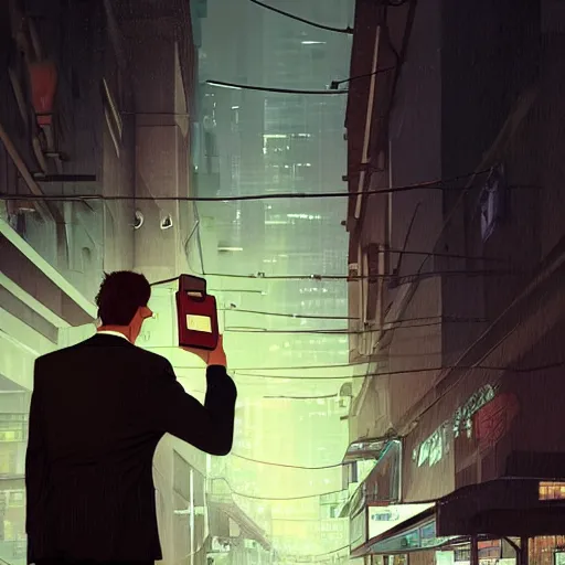 Prompt: portrait of a businessman handing the viewer a briefcase, detailed digital illustration by greg rutkowski, cyberpunk back alley, nighttime