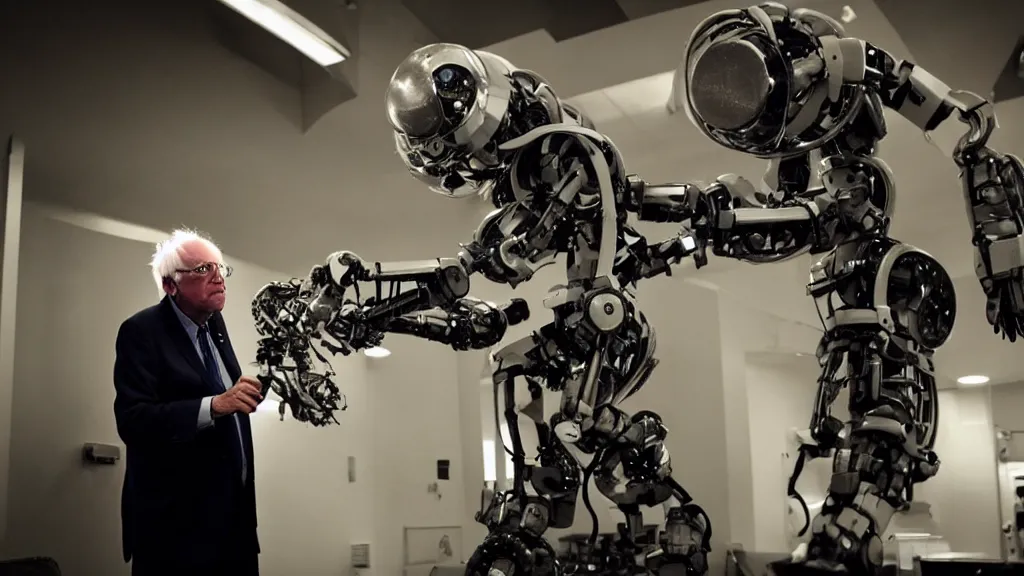 Image similar to bernie sanders putting the finishing touches on a ( ( ( ( cute ) ) ) ) clockwork doomsday robot, cinematic moody lighting, sharp focus, imax