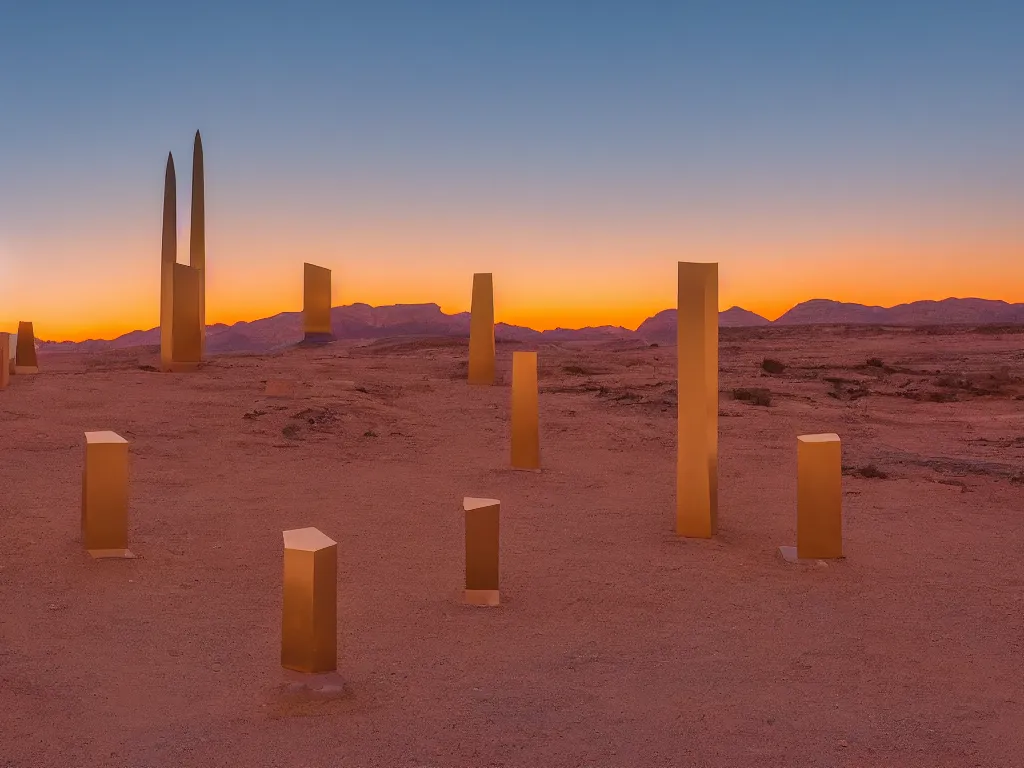 Prompt: a serene landscape of three giant, abstract, brightly - colored metallic obelisks in the desert at sunset