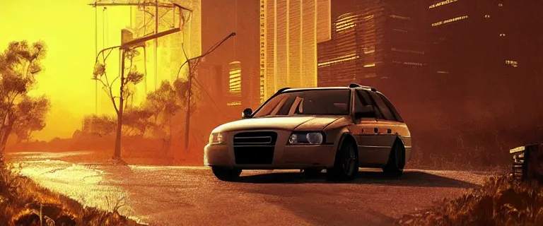 Image similar to Audi A4 B6 Avant (2002), a gritty neo-noir, dramatic bright lighting, cinematic, establishing shot, extremely high detail, photorealistic, cinematic lighting, artstation, by simon stalenhag, Need For Speec: Carbon Palmont City canyon road, touge, At night