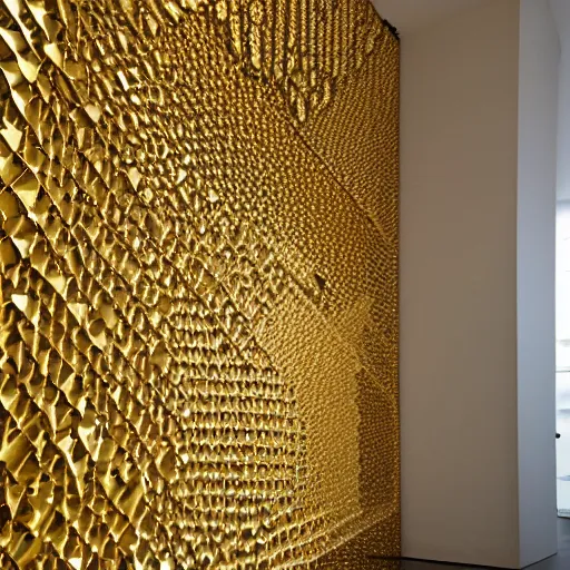 Image similar to a wall made of geometric gold pieces overlaying each other. The wall is bordered by a copper tinted mirror.