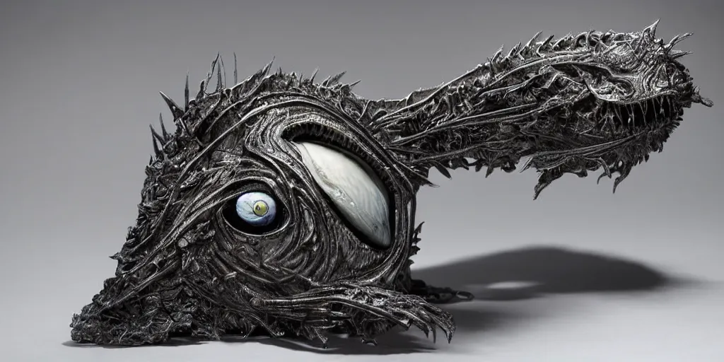 Image similar to angler fish sculpture, stylized layered shapes, long flowing fins, bioluminescent orbs, glowing eye, intricate, highly detailed, lifelike, smooth, sharp focus, art by h r giger