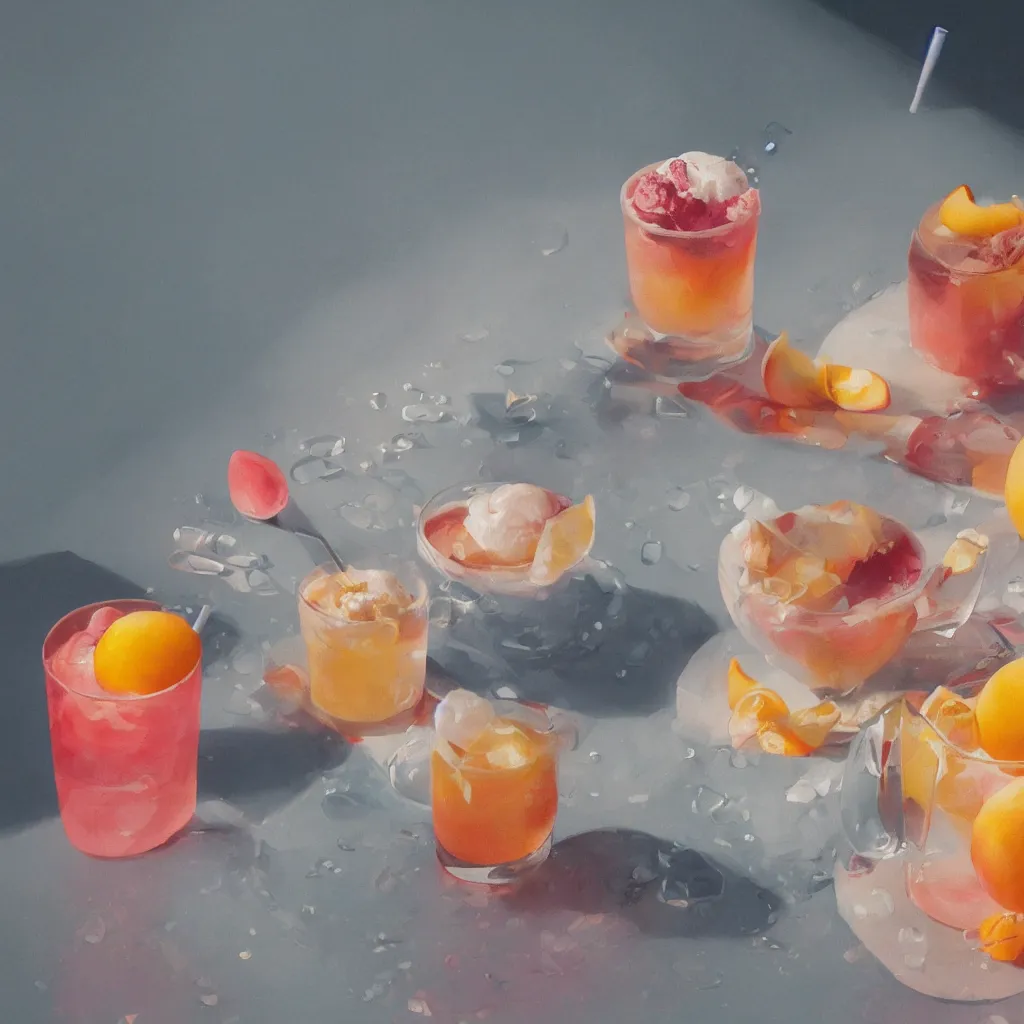 Image similar to a still life painting of cold drinks, ice cream, peach embellishment, in the style of makoto shinkai, dreamy, soft, global illumination, radiant light, intricate environment, luminescence, highly detailed, 8 k