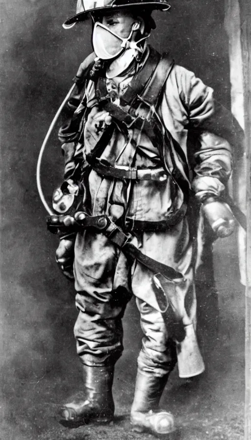 Image similar to 1 8 th century fire fighter with breathing apparatus and high tech gear, cutting edge technology of the time, fire fighter gear from the 1 8 0 0's, fireman wearing protective gear and breathing equipment, early oxygen tanks, early breathing equipment to help survive fires and smoke a museum piece from early 1 8 0 0's